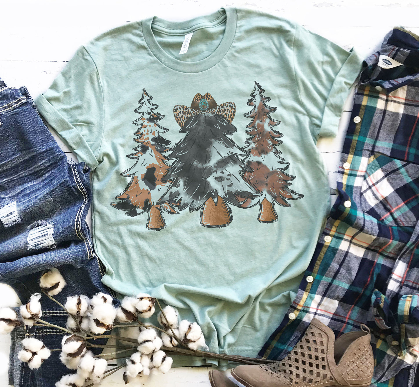 Western Cowhide Christmas Trees Graphic Tee