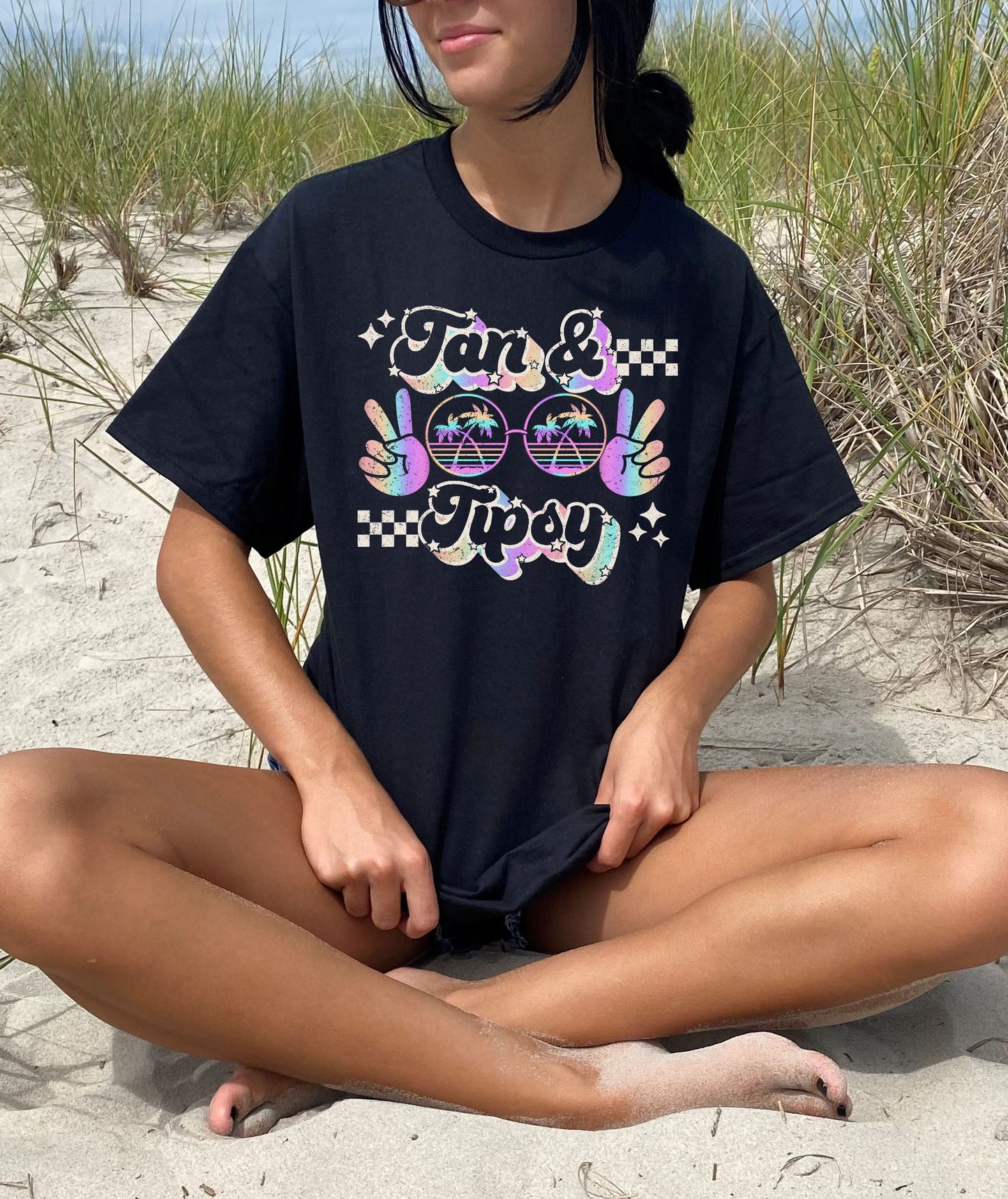 Tan and Tipsy Peace Sign Glasses Graphic Tank