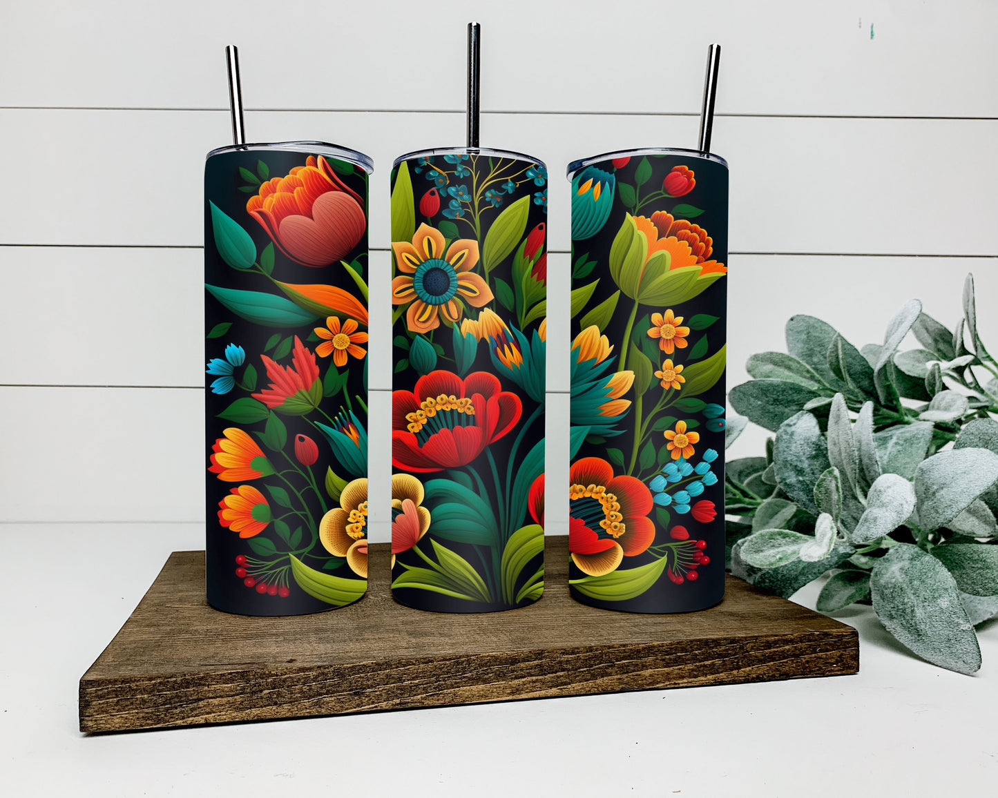 Dark Floral Folk Art Tumbler