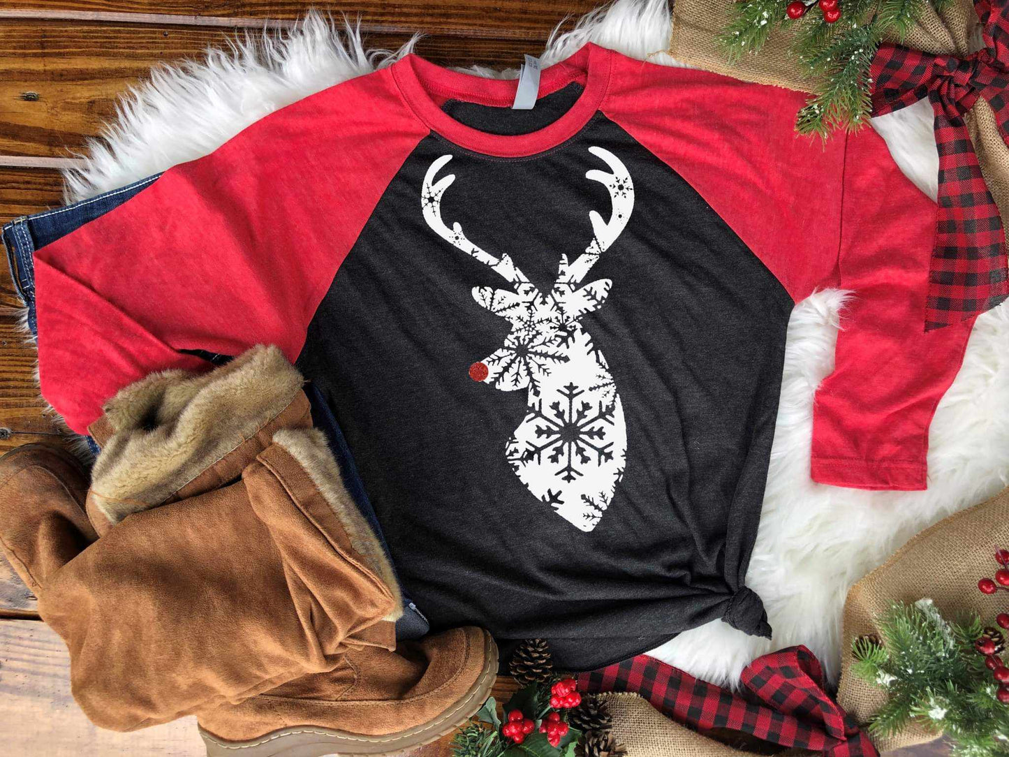 Snowflake Reindeer Raglan Graphic Tee