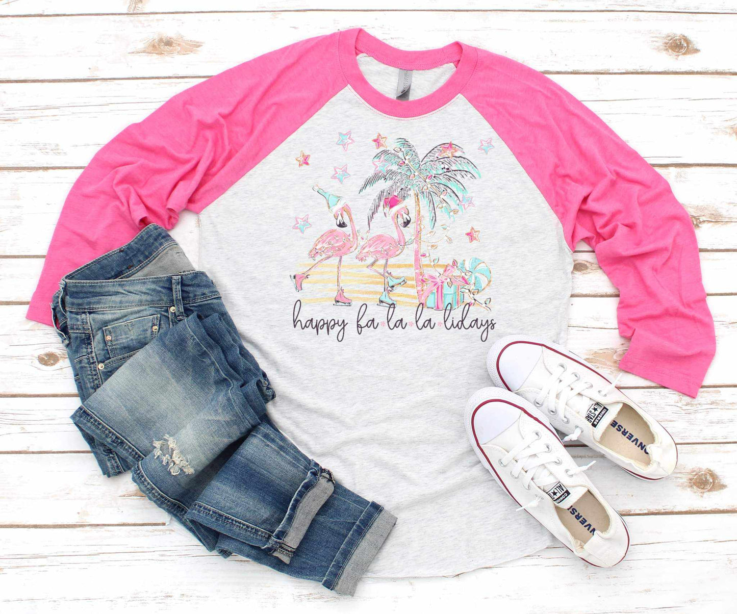 Happy Fa la la lidays Flamingo Christmas Raglan