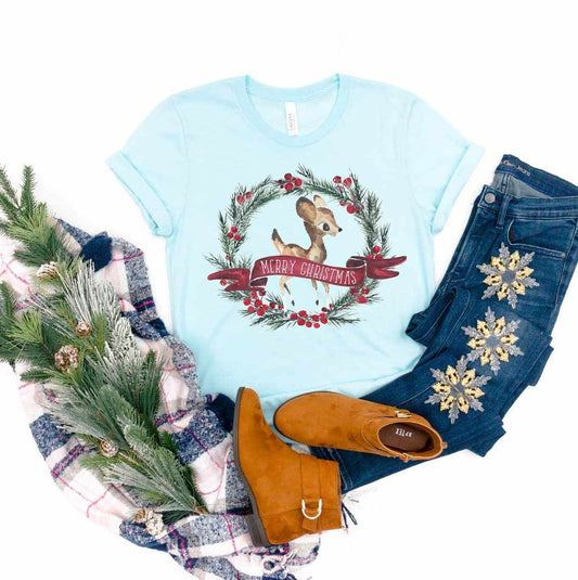 Merry Christmas Deer Wreath Graphic Tee