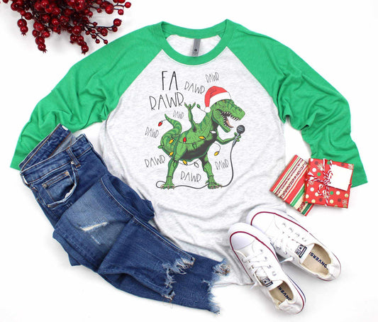 Fa Rawr Dinosaur Christmas Raglan Graphic Tee