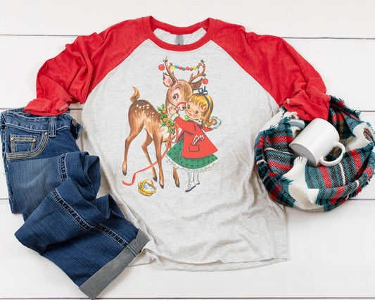 Vintage Girl and Deer Christmas Raglan Graphic Tee