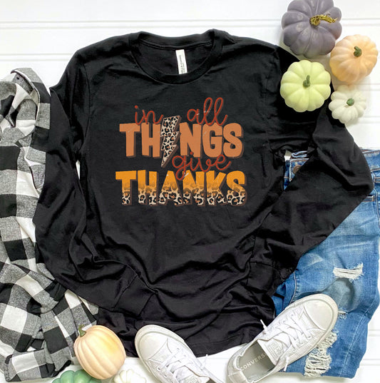 In All Things Give Thanks Leopard Bolt Graphic Tee