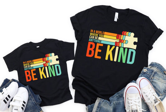 In a world Be Kind Puzzle Pieces Matching Graphic Tee